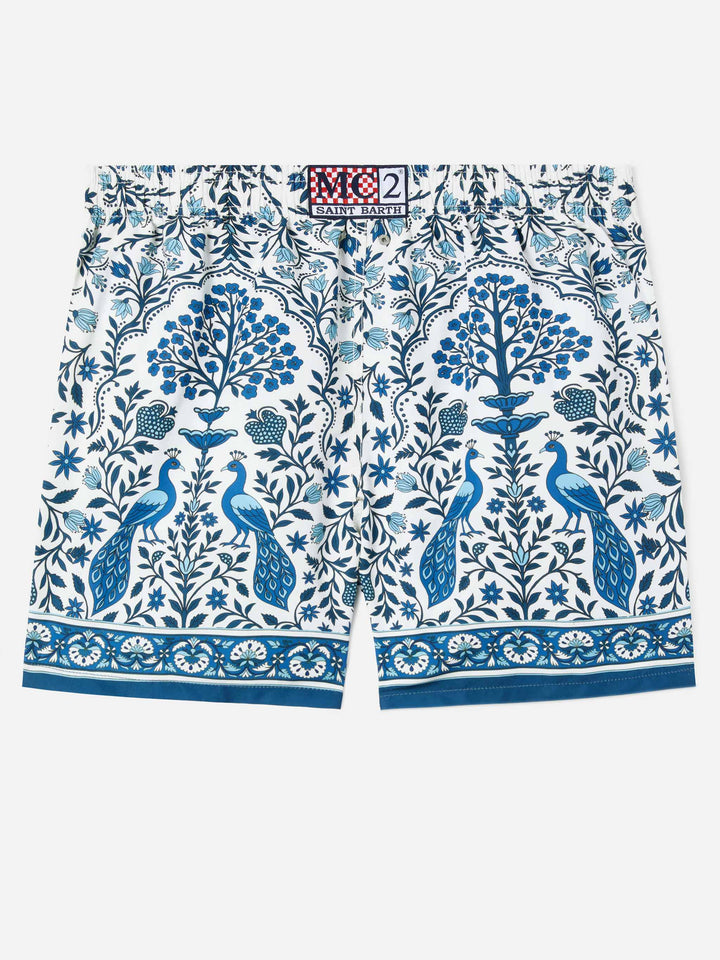 Gustavia white swim shorts with contrasting peacock print