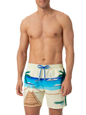 Mid-length Gustavia swim-shorts with Formentera postcard placed print - MC2 Saint Barth
