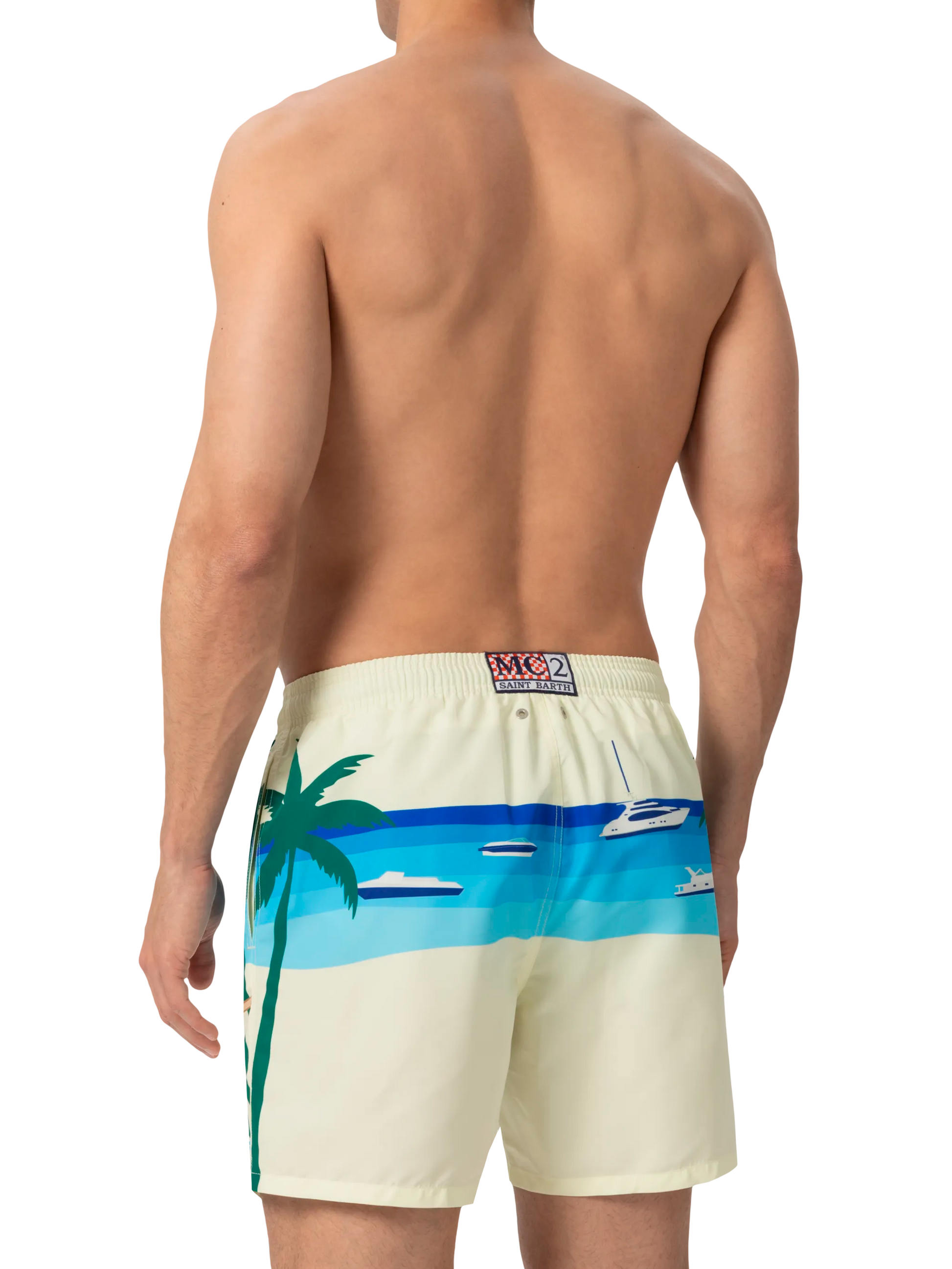 Mid-length Gustavia swim-shorts with Formentera postcard placed print - MC2 Saint Barth