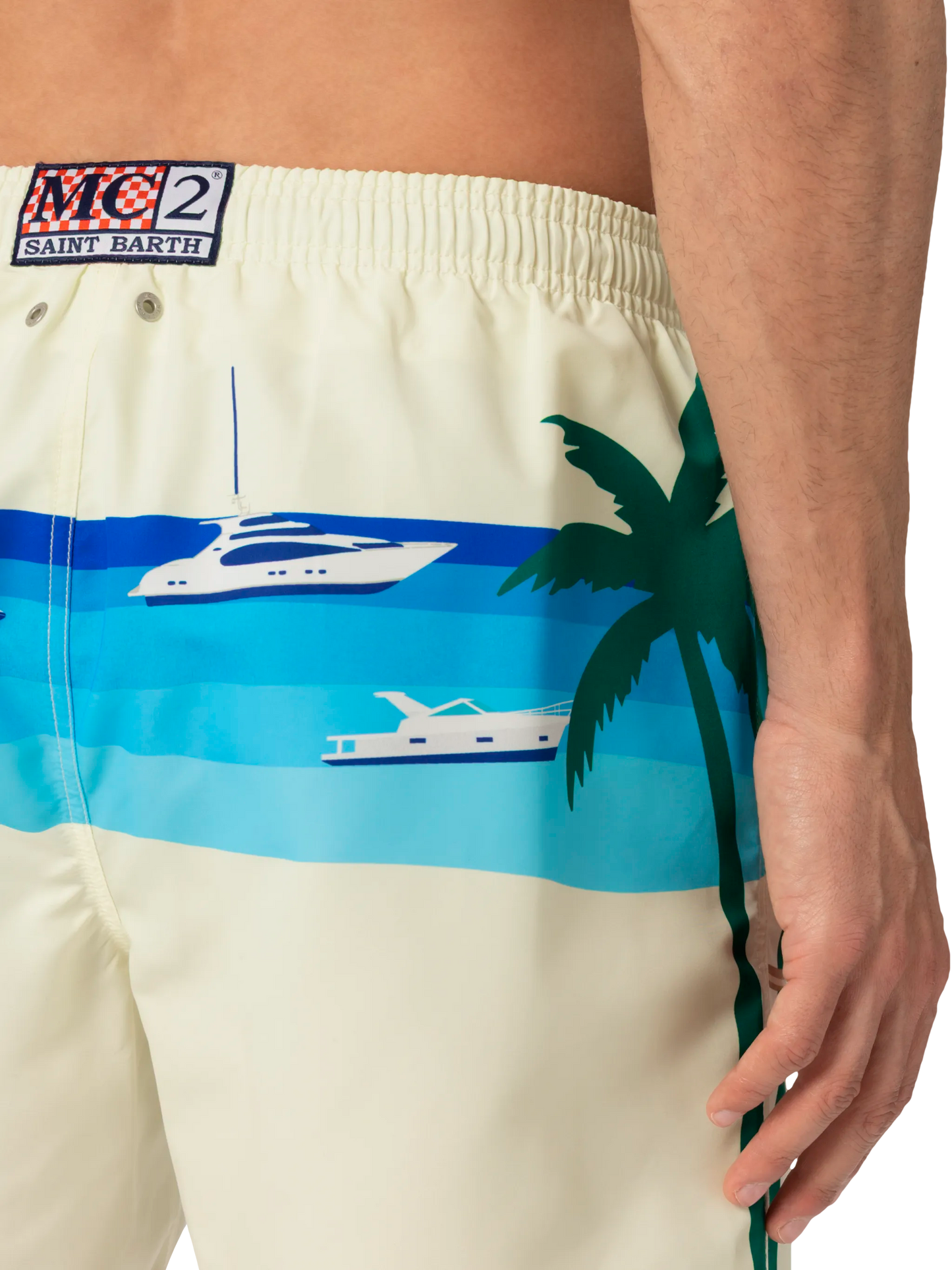 Mid-length Gustavia swim-shorts with Formentera postcard placed print - MC2 Saint Barth