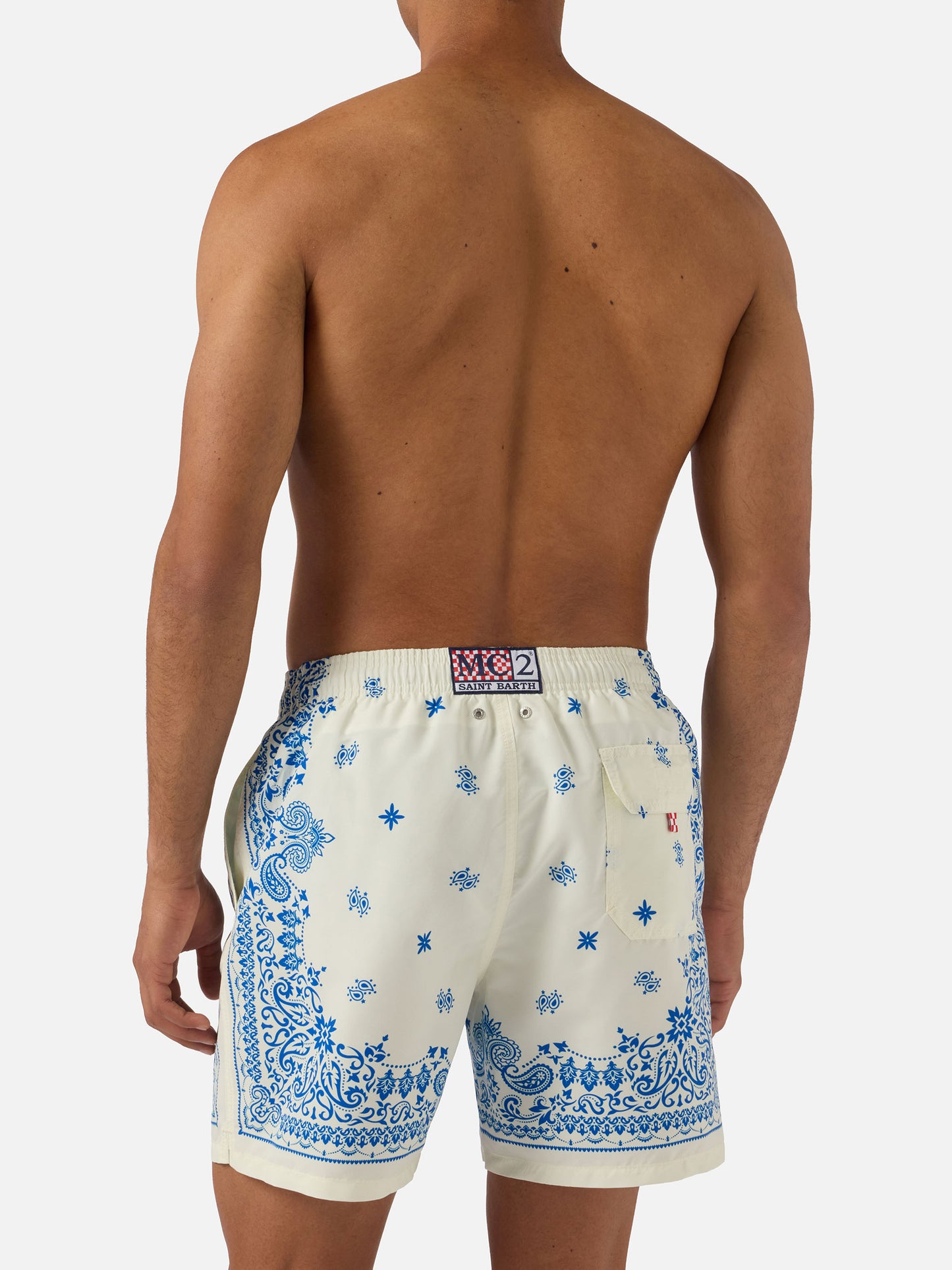 Gustavia light blue and white swim shorts with bandana print