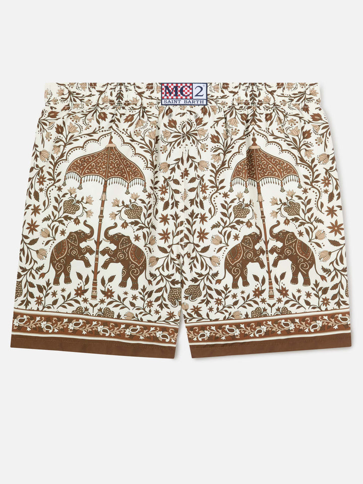 Bañador Gustavia con estampado ornamental marrón posicionado 