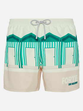 Mid-length Gustavia swim-shorts with Forte dei Marmi postcard placed print