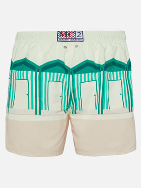 Mid-length Gustavia swim-shorts with Forte dei Marmi postcard placed print