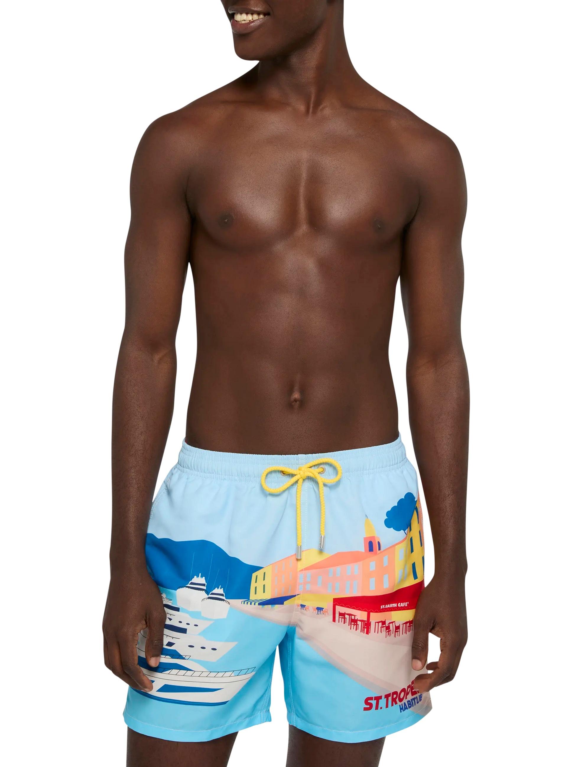 Mid-length Gustavia swim-shorts with St. Tropez postcard placed print - MC2 Saint Barth