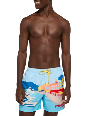 Mid-length Gustavia swim-shorts with St. Tropez postcard placed print - MC2 Saint Barth
