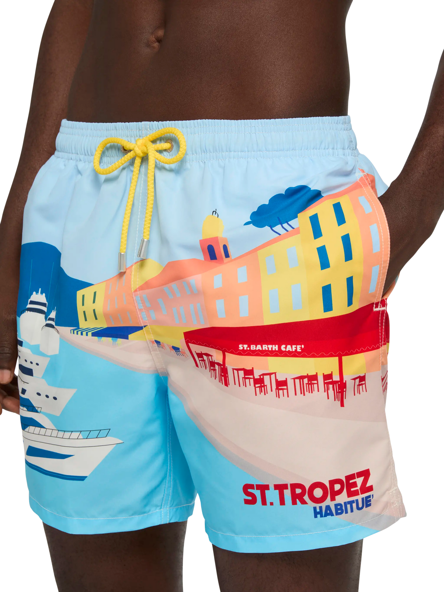 Mid-length Gustavia swim-shorts with St. Tropez postcard placed print - MC2 Saint Barth