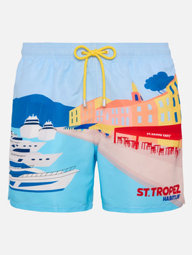 Costume mare lunghezza media Gustavia con stampa cartolina St. Tropez