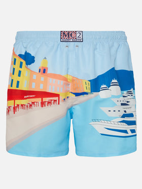 Costume mare lunghezza media Gustavia con stampa cartolina St. Tropez