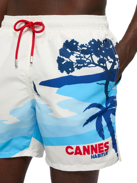 Mid-length Gustavia swim-shorts with Cannes postcard placed print - MC2 Saint Barth