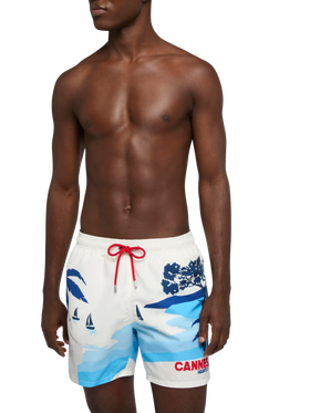 Mid-length Gustavia swim-shorts with Cannes postcard placed print - MC2 Saint Barth