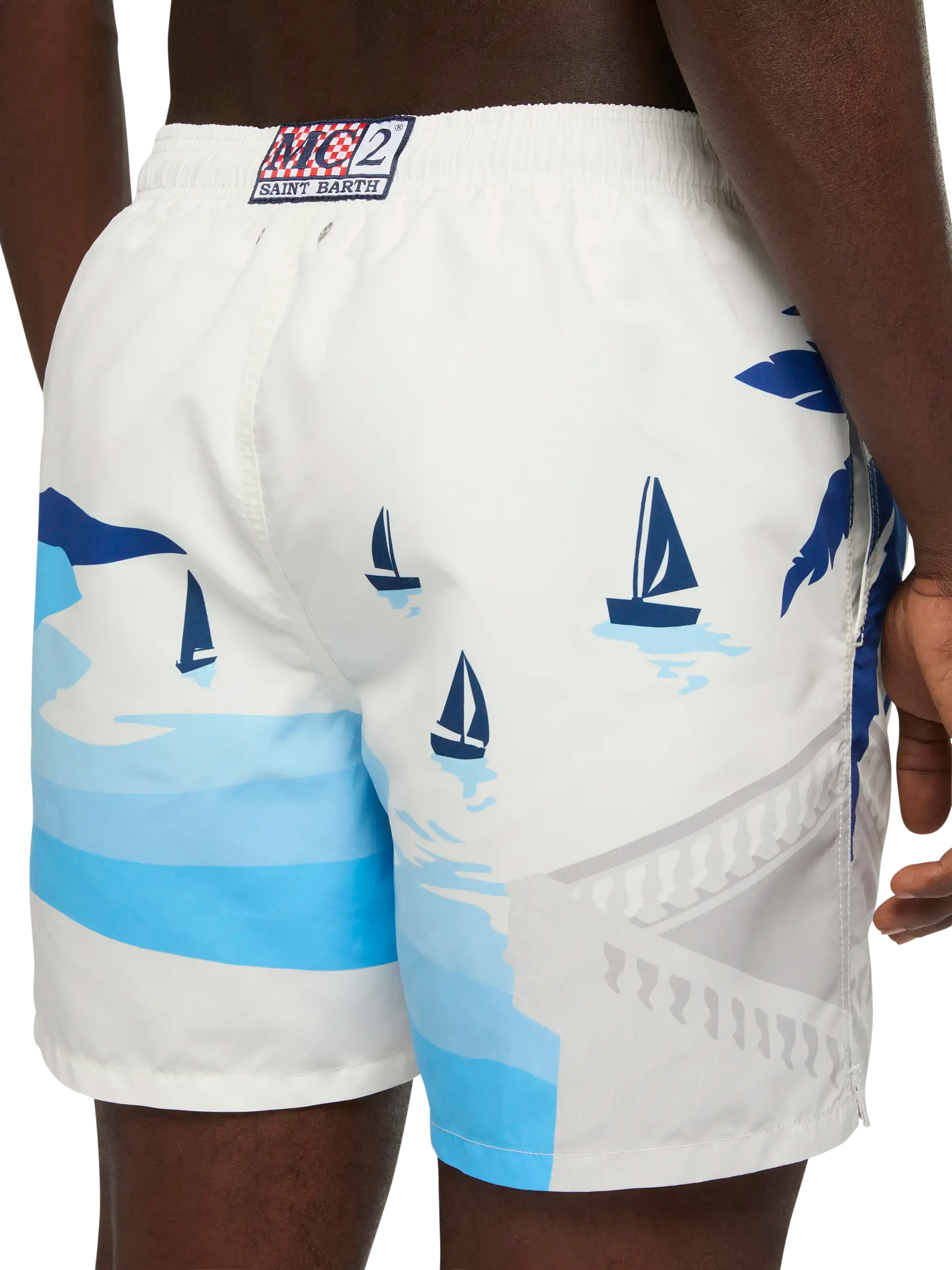 Mid-length Gustavia swim-shorts with Cannes postcard placed print - MC2 Saint Barth