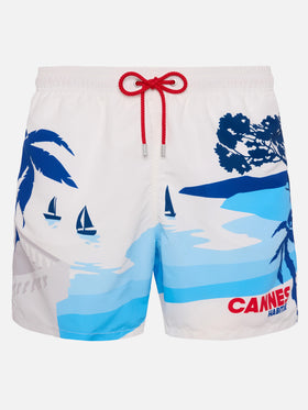Mid-length Gustavia swim-shorts with Cannes postcard placed print