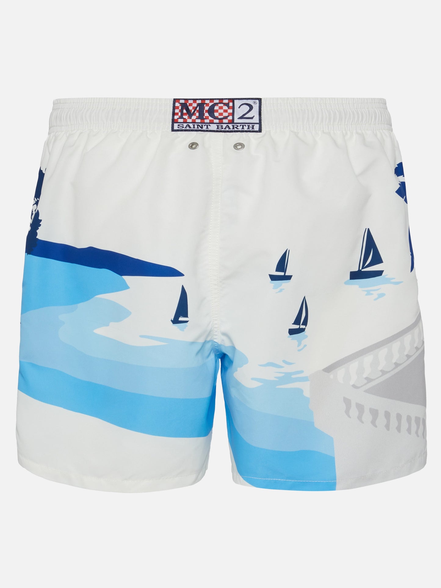 Mid-length Gustavia swim-shorts with Cannes postcard placed print