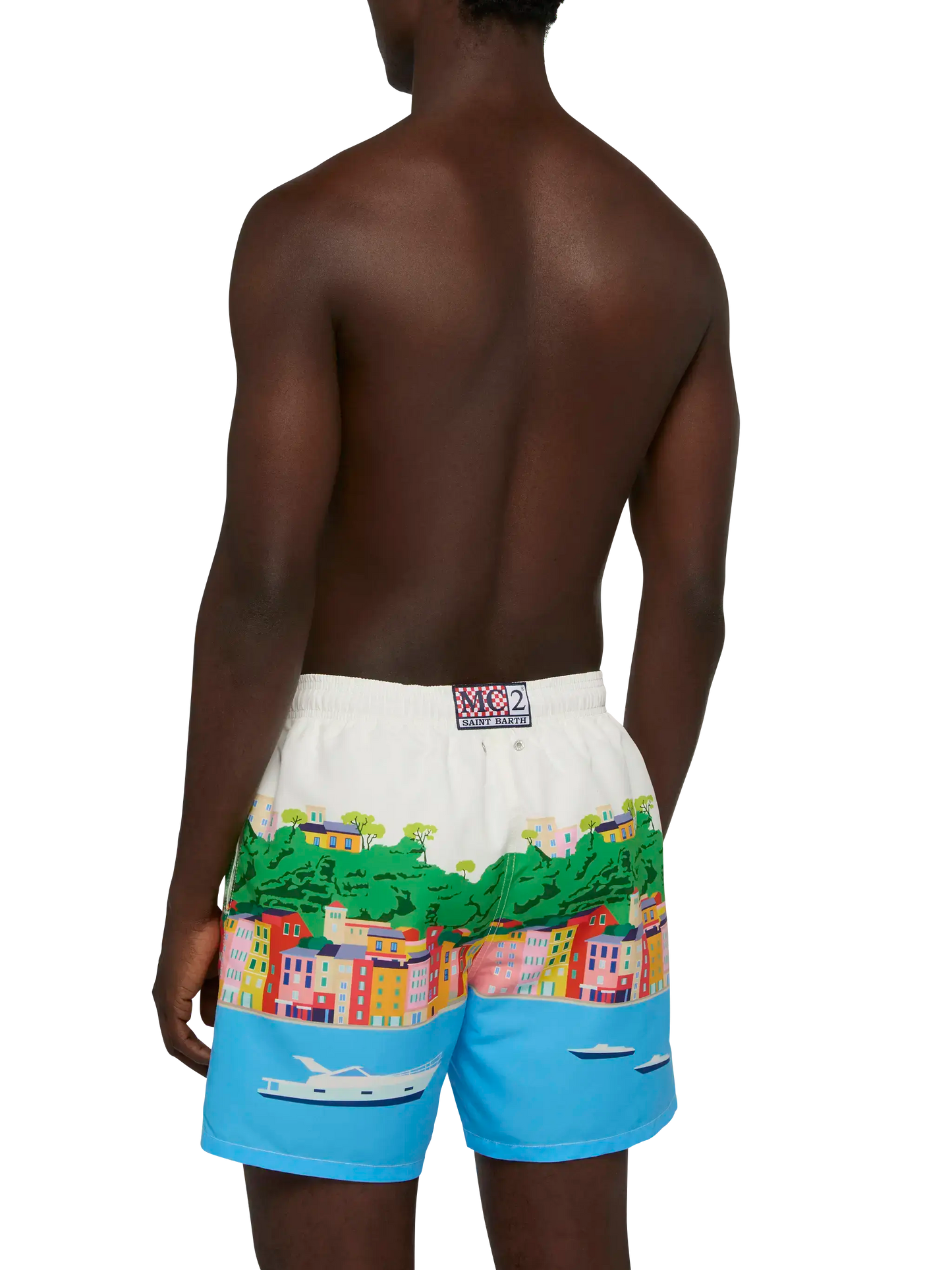 Mid-length Gustavia swim-shorts with Portofino postcard placed print - MC2 Saint Barth