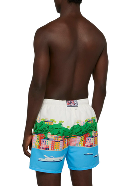 Mid-length Gustavia swim-shorts with Portofino postcard placed print - MC2 Saint Barth