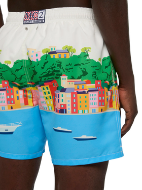 Mid-length Gustavia swim-shorts with Portofino postcard placed print - MC2 Saint Barth