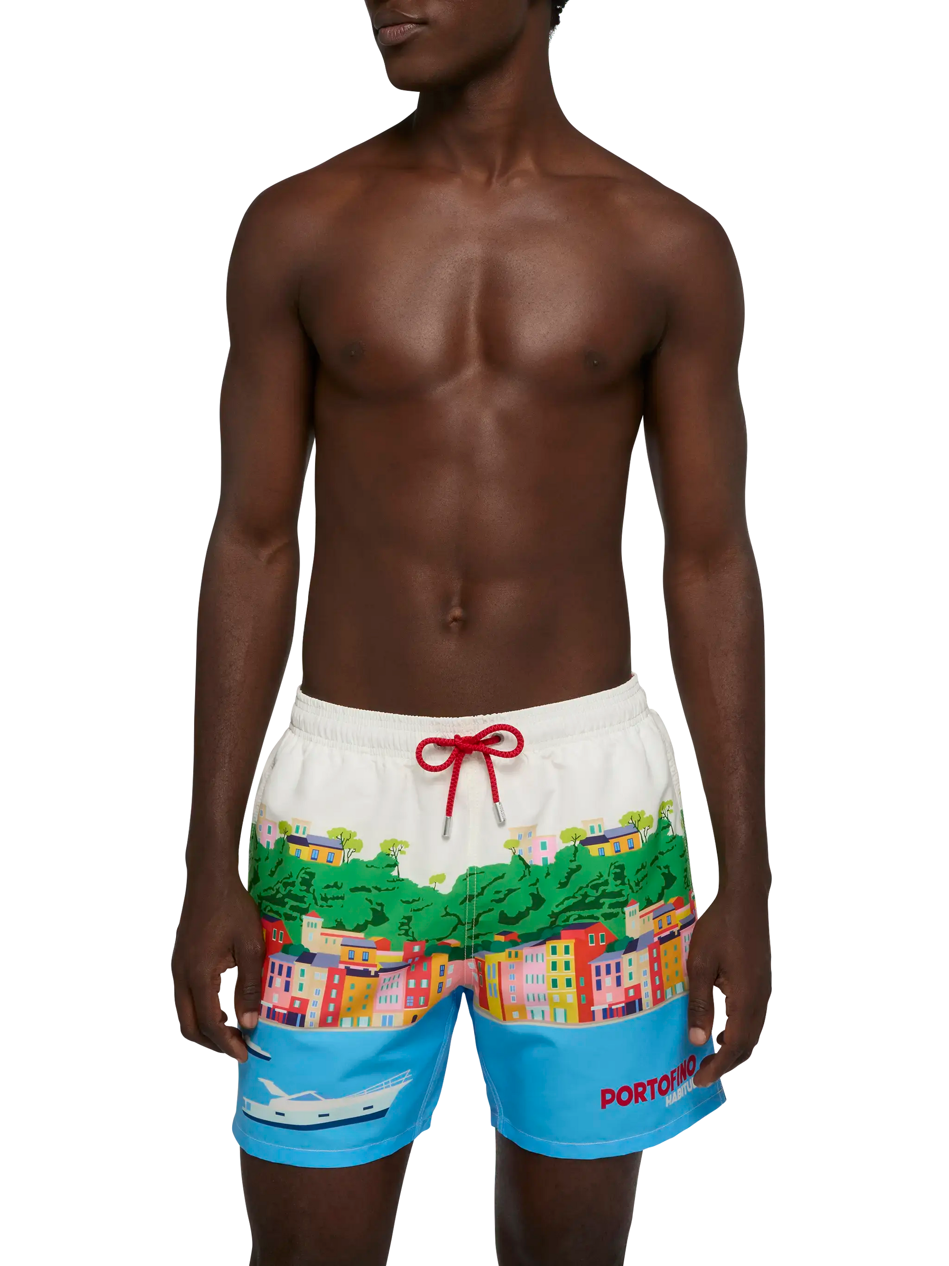 Mid-length Gustavia swim-shorts with Portofino postcard placed print - MC2 Saint Barth