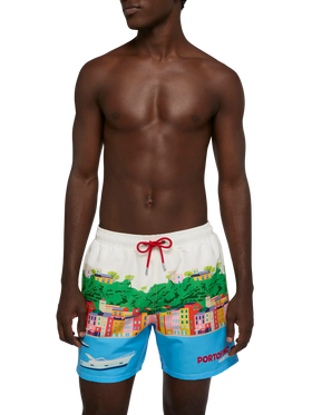 Mid-length Gustavia swim-shorts with Portofino postcard placed print - MC2 Saint Barth