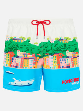 Mid-length Gustavia swim-shorts with Portofino postcard placed print
