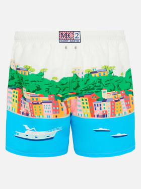 Mid-length Gustavia swim-shorts with Portofino postcard placed print
