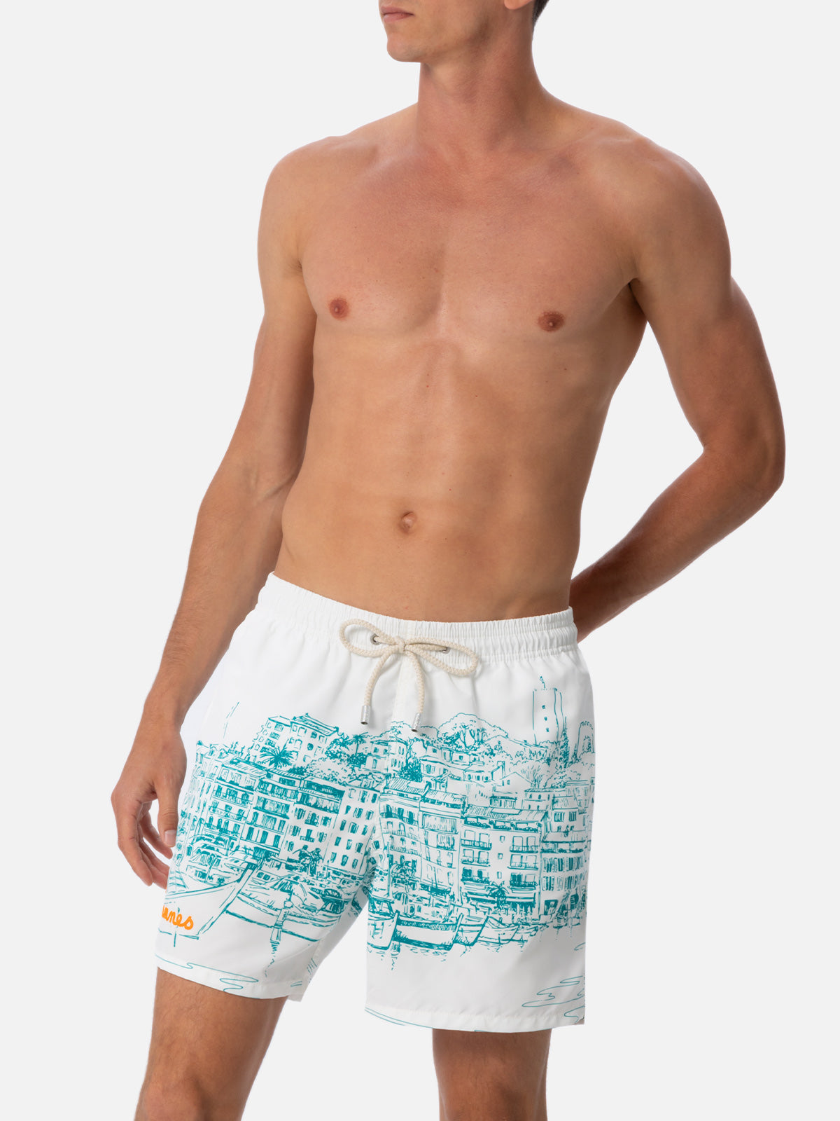 Man mid-length Gustavia swim-shorts with Cannes placed print - MC2 Saint Barth