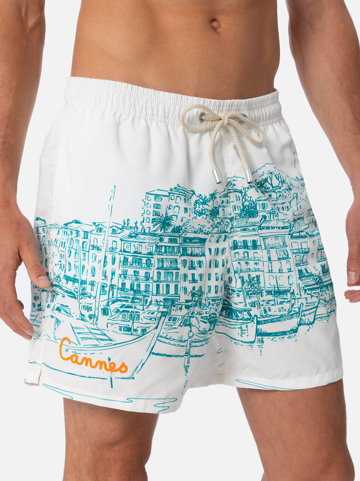 Mid-length Gustavia swim-shorts with Cannes placed print