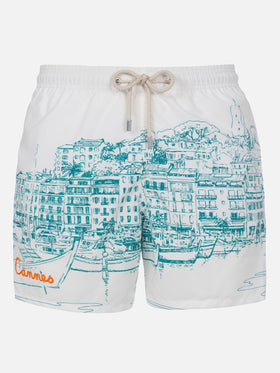 Mid-length Gustavia swim-shorts with Cannes placed print