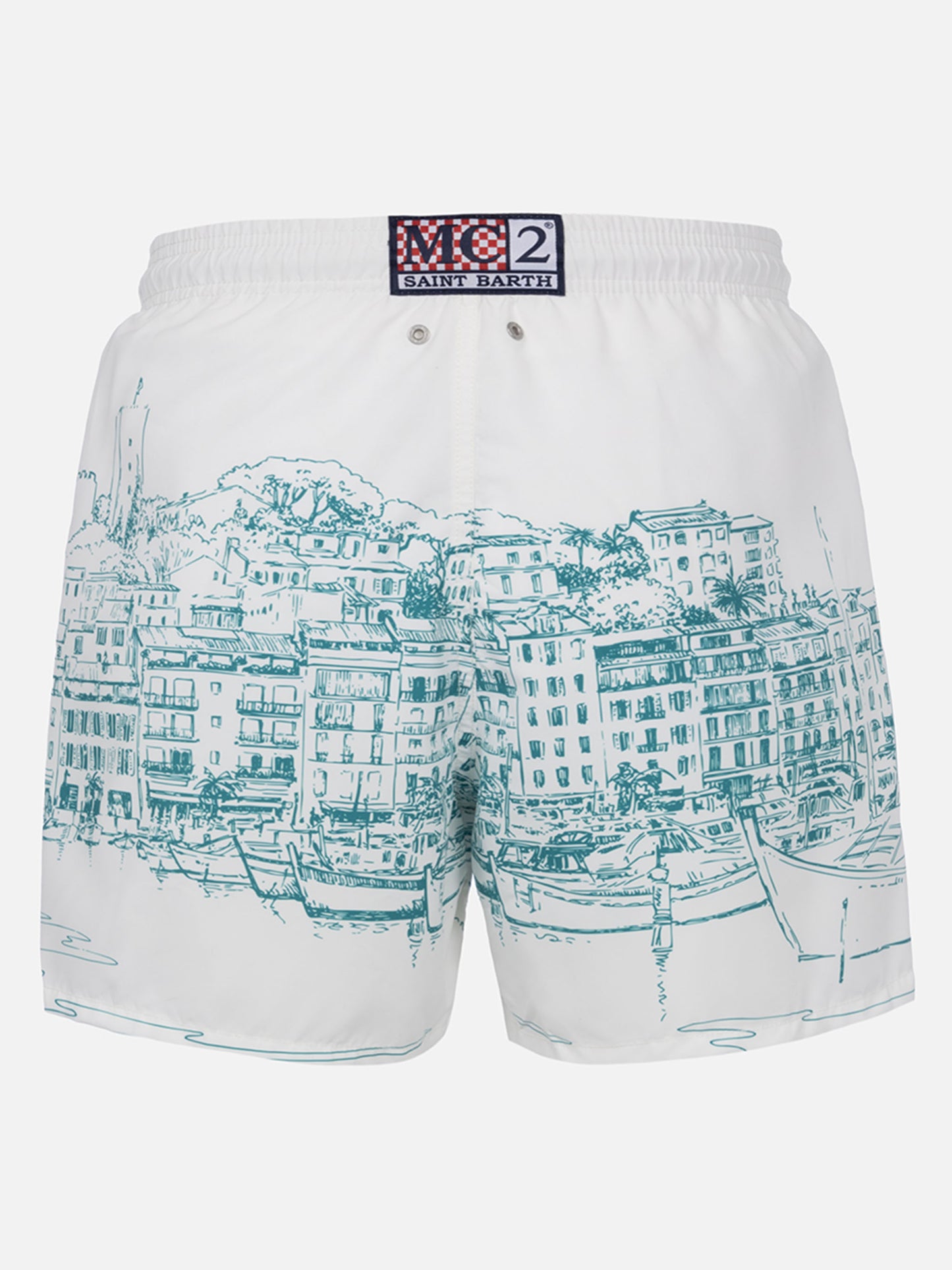 Mid-length Gustavia swim-shorts with Cannes placed print