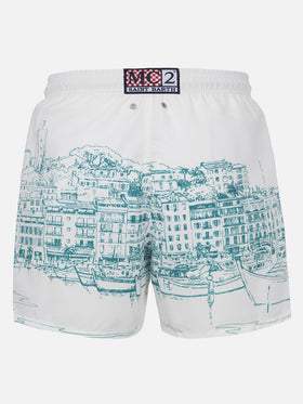 Mid-length Gustavia swim-shorts with Cannes placed print