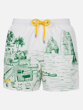 Mid-length Gustavia swim-shorts with Faraglioni placed print