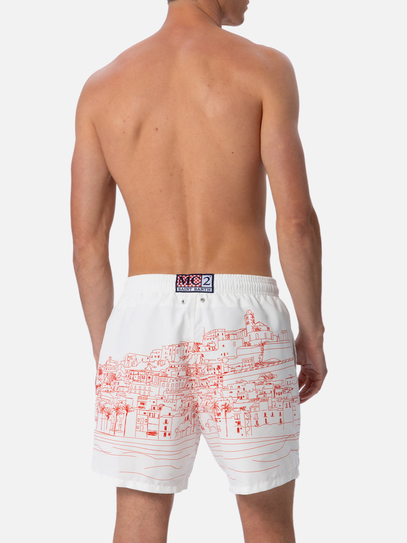 Man mid-length Gustavia swim-shorts with Ibiza placed print