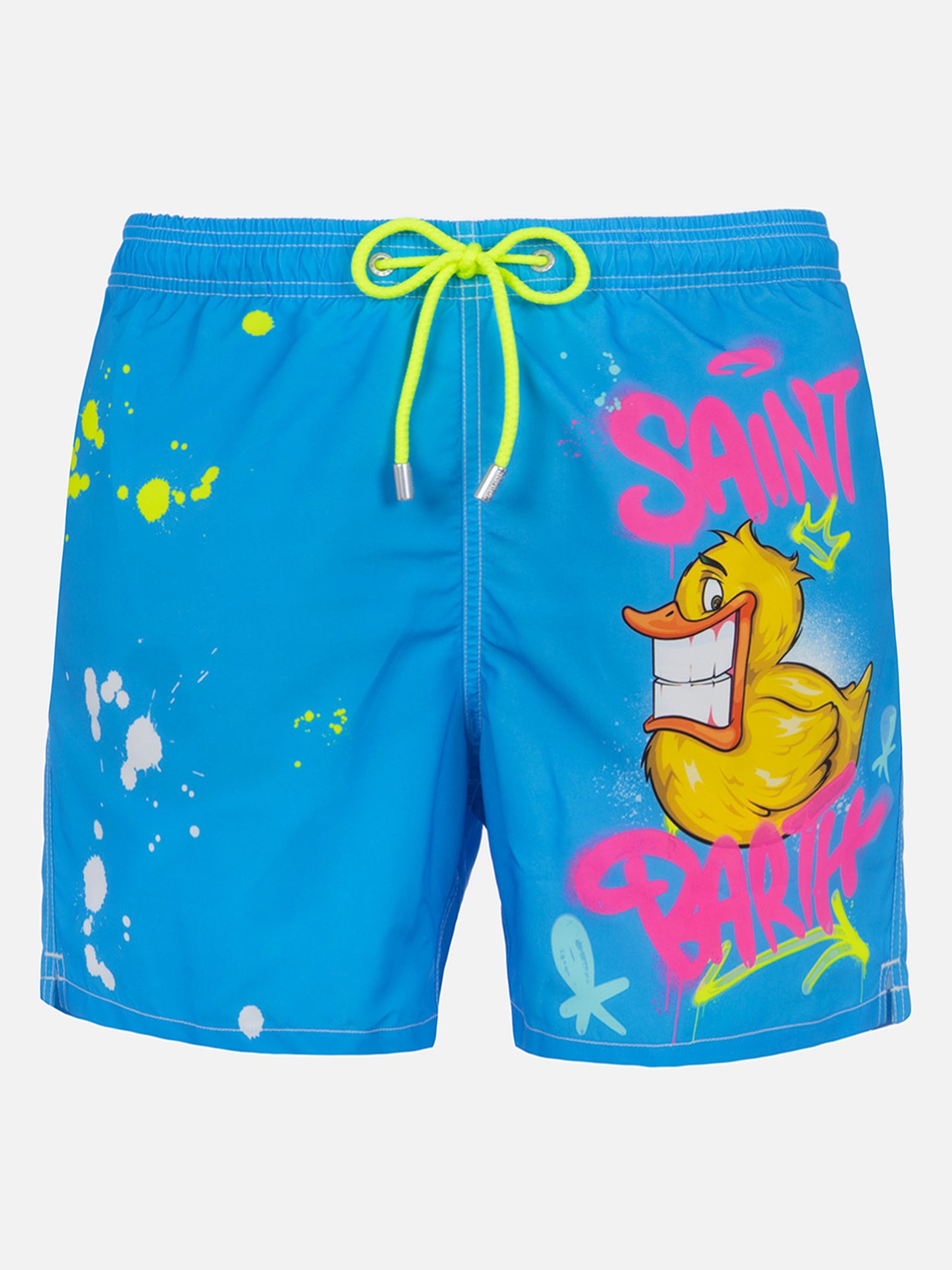 Man mid-length Gustavia swim-shorts with ducky Cryptopuppets placed print| CRYPTOPUPPETS SPECIAL EDITION