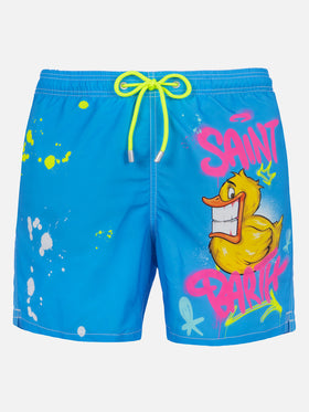 Man mid-length Gustavia swim-shorts with ducky Cryptopuppets placed print| CRYPTOPUPPETS SPECIAL EDITION