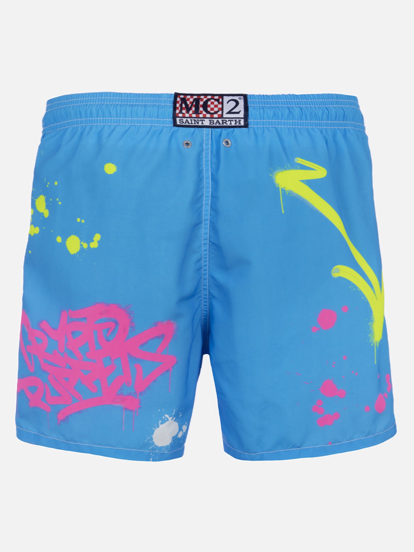 Man mid-length Gustavia swim-shorts with ducky Cryptopuppets placed print| CRYPTOPUPPETS SPECIAL EDITION