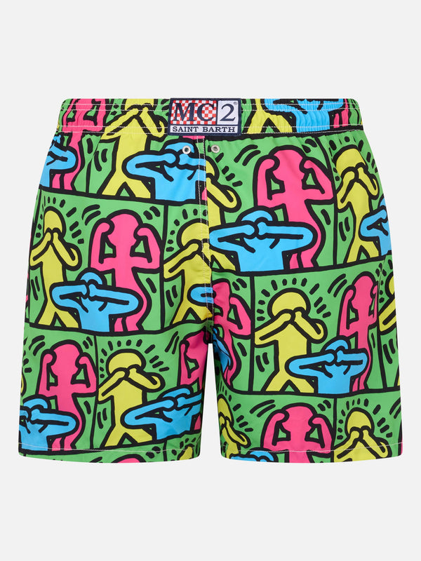 Man mid-length Gustavia swim-shorts with Keith Haring design placed print| KEITH HARING SPECIAL EDITION