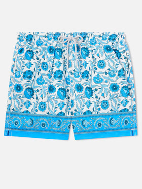 Gustavia-Badehose mit blauem Batik-Blumenprint 