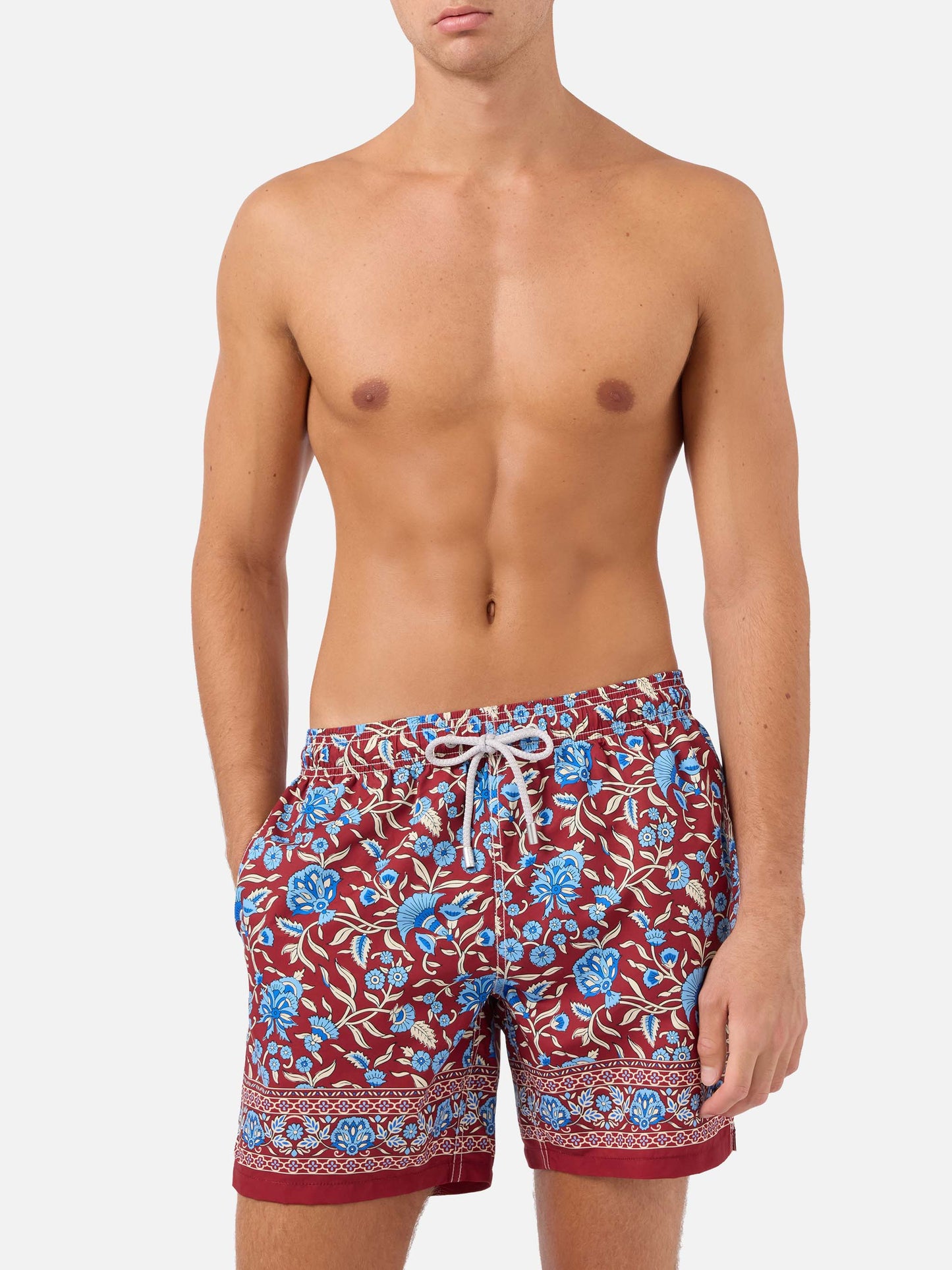 Gustavia bordeauxfarbene Badeshorts mit floralem Print 
