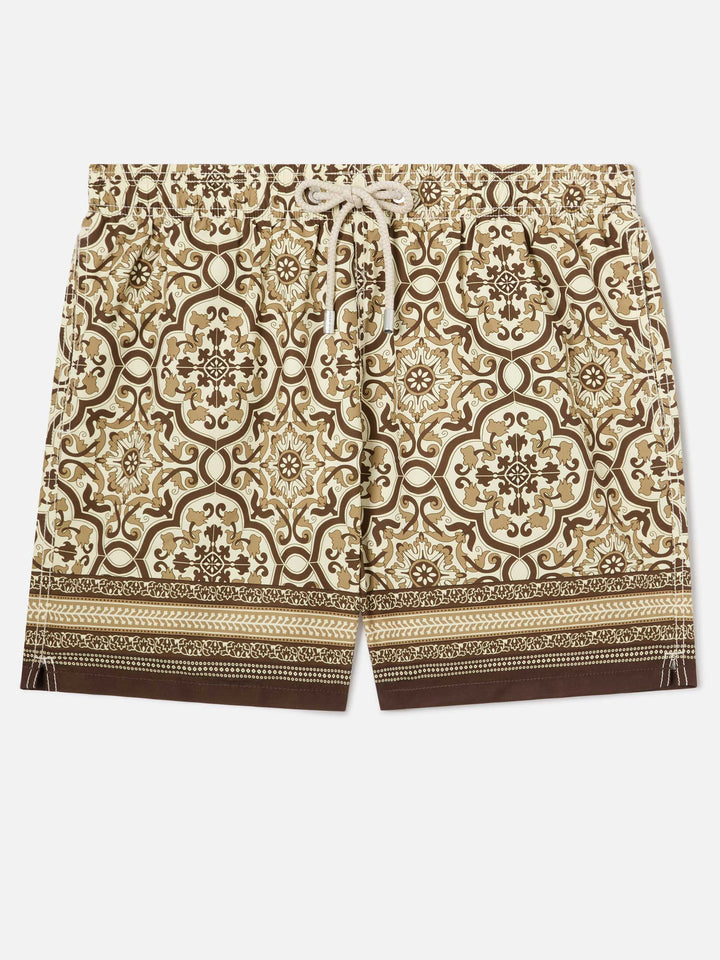 Bañador corto Gustavia con estampado ornamental marrón posicionado 