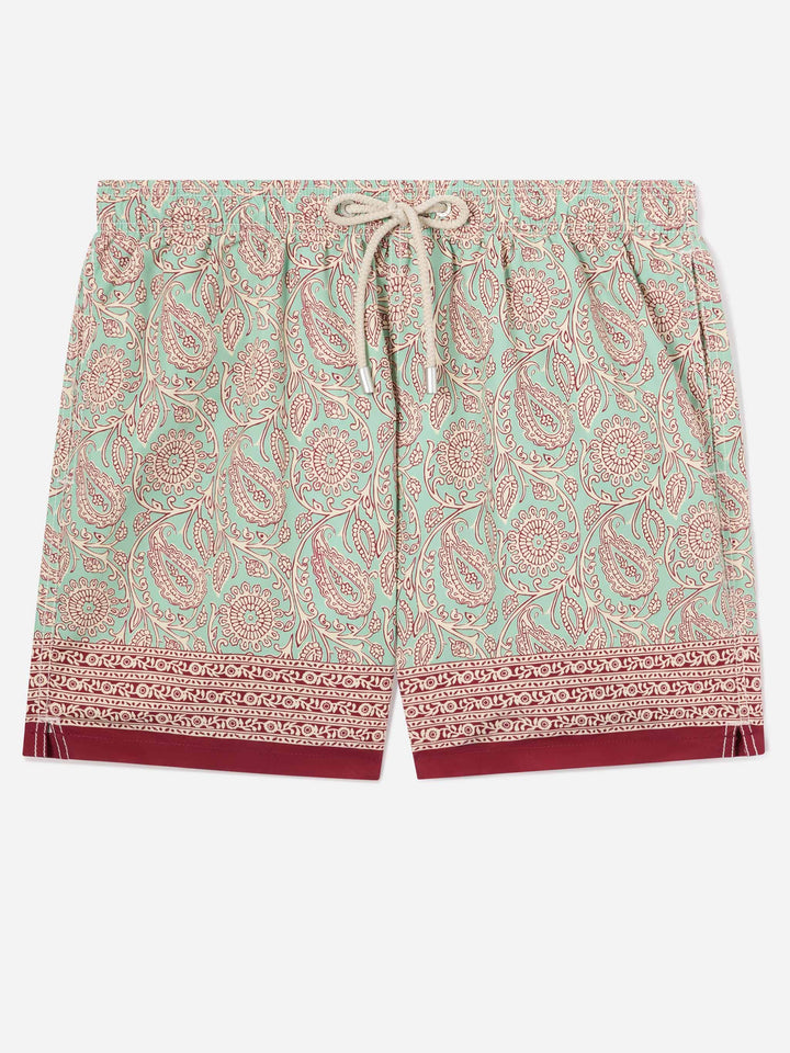 Bañador corto Gustavia verde agua con estampado paisley en contraste 