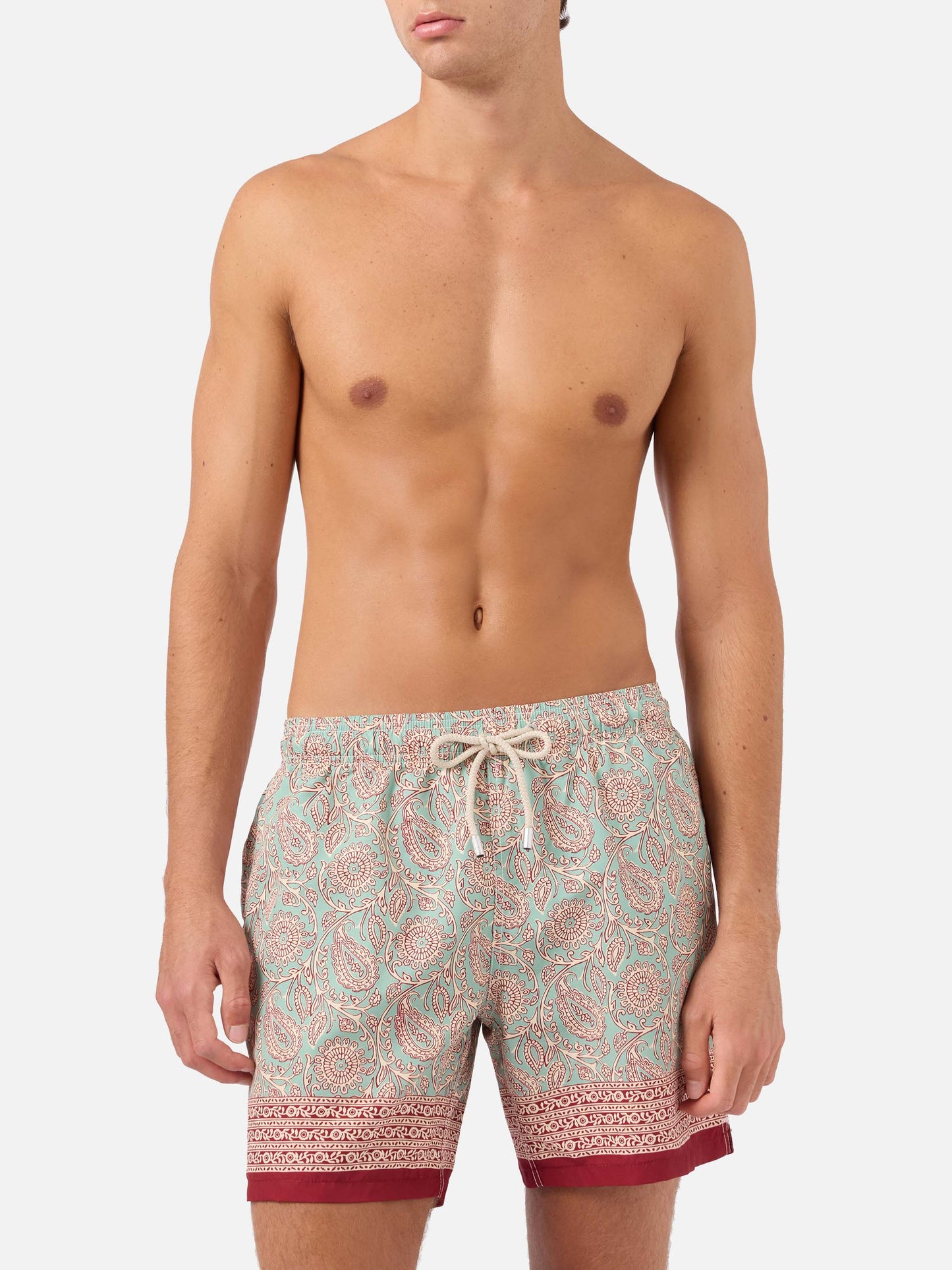 Gustavia Badeshorts in Aquagrün mit kontrastierendem Paisley-Print 
