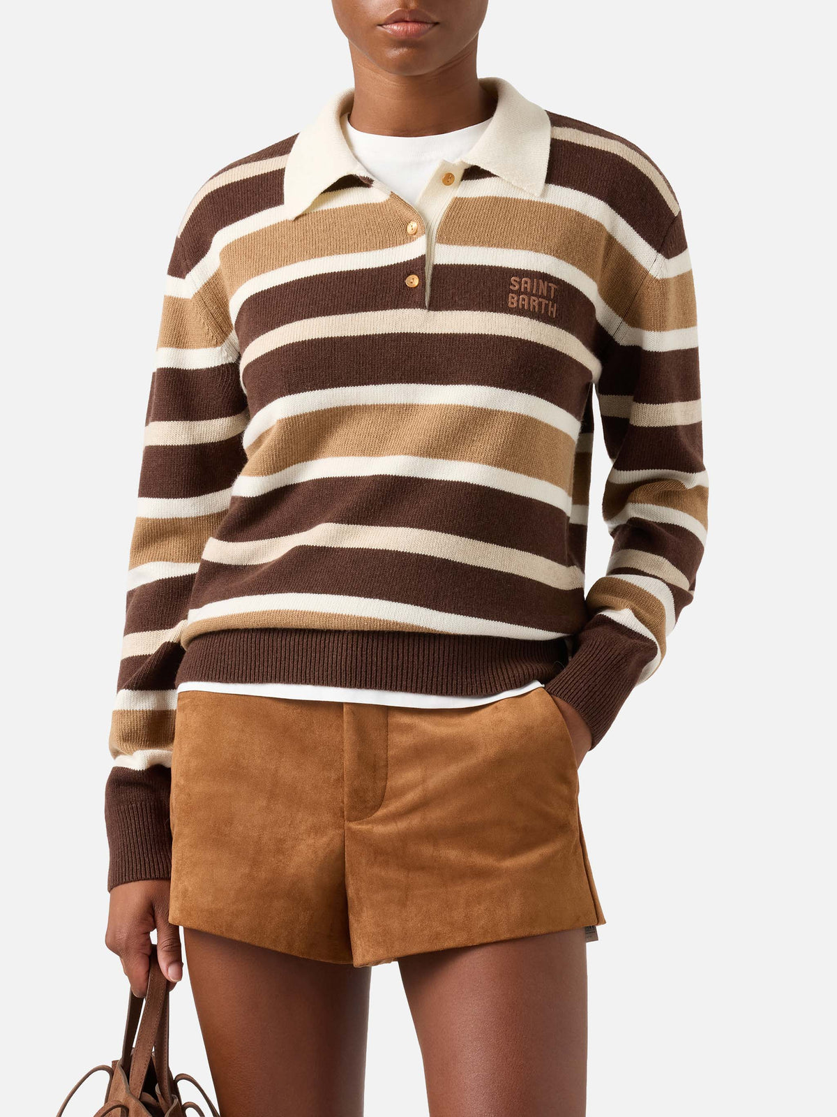 Hadidy Strickpullover mit Polokragen aus Woll- und Kaschmirmischung mit mehrfarbigen Streifen 