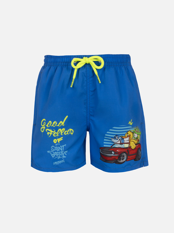 Boy mid-length Haiti swim-shorts with Cryptopuppets placed print  | CRYPTOPUPPETS SPECIAL EDITION