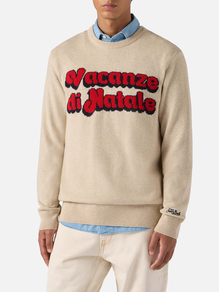 Beige crewneck Heron with Vacanze di Natale jacquard | VACANZE DI NATALE SPECIAL EDITION
