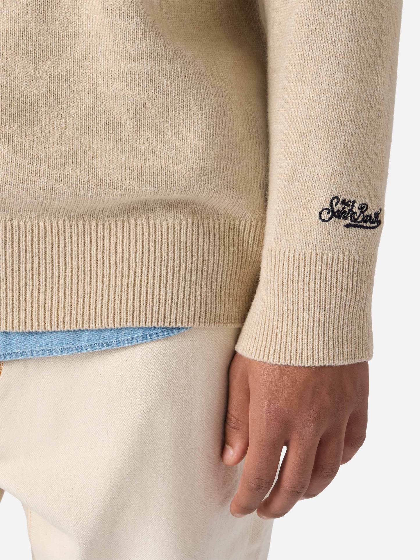 Beige crewneck Heron with Vacanze di Natale jacquard | VACANZE DI NATALE SPECIAL EDITION