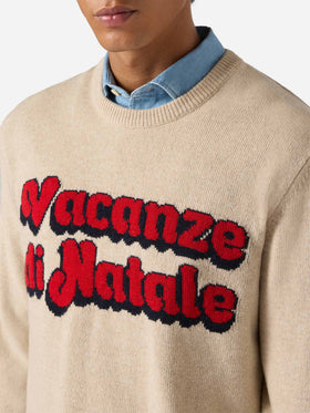 Beige crewneck Heron with Vacanze di Natale jacquard | VACANZE DI NATALE SPECIAL EDITION