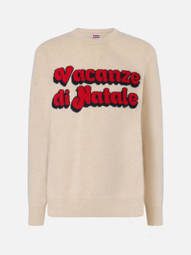 Beige crewneck Heron with Vacanze di Natale jacquard | VACANZE DI NATALE SPECIAL EDITION