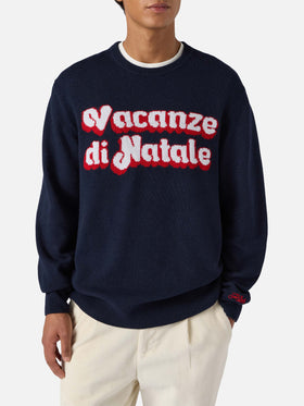 Blue crewneck Heron with Vacanze di Natale logo jacquard | VACANZE DI NATALE SPECIAL EDITION