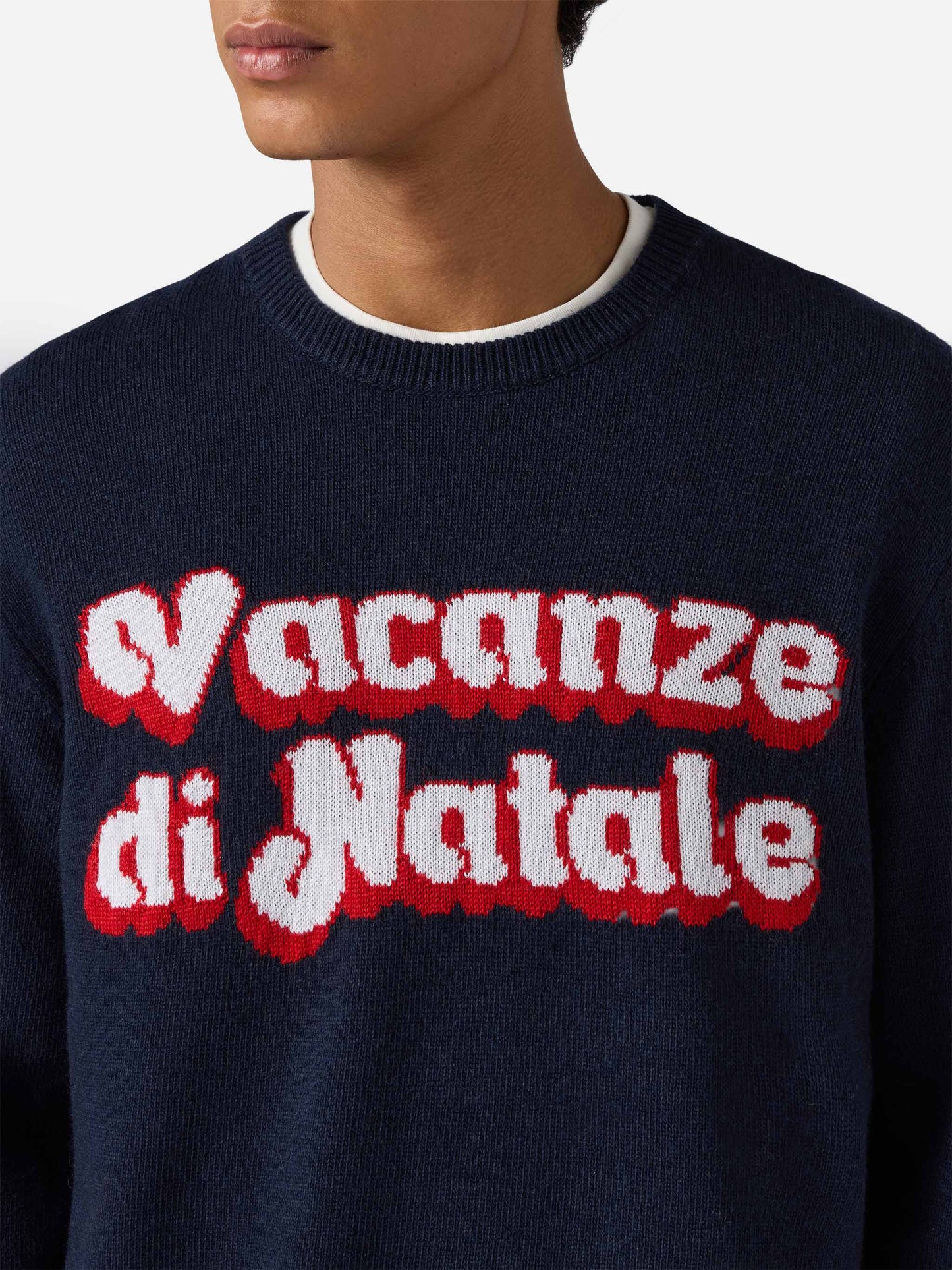 Blue crewneck Heron with Vacanze di Natale logo jacquard | VACANZE DI NATALE SPECIAL EDITION