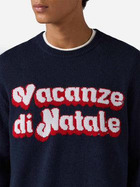 Blue crewneck Heron with Vacanze di Natale logo jacquard | VACANZE DI NATALE SPECIAL EDITION